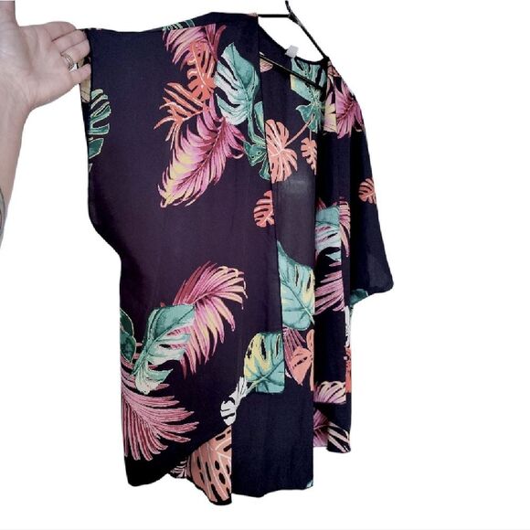 I Joah Black Tropical Open Front Short Sleeve Swim Kimono Cover Up Large NEW - Picture 8 of 12